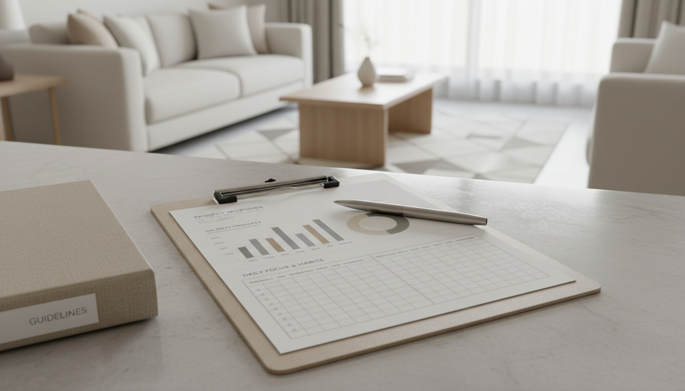 A carefully arranged, neutral-tone clipboard with professionally designed progress charts and behavior tracking sheets, paired with a matte silver pen and a subtle hint of a beige reference binder, resting on a clean stone counter. The background features a serene, tastefully decorated living room area in soft focus—neutral walls, clean lines, and minimalist decor. Soft, overcast daylight infuses the space, producing delicate highlights and low-key shadows, cultivating an organized, reassuring mood. Composed from an elevated angle with balanced framing, achieving a clean and modern photographic aesthetic, highlighted by corporate simplicity.