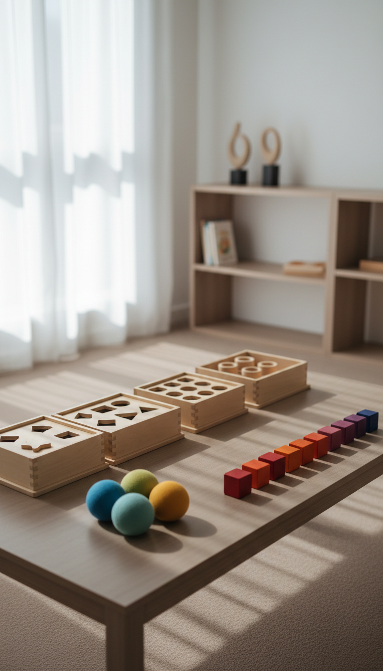 A collection of tactile, educational resources such as wooden sorting boxes, soft sensory balls, and smooth, color-coded cubes perfectly lined up on a polished, neutral-toned table. The background echoes the tranquility of a well-lit, orderly home education environment with uncluttered shelves and muted carpets. Daylight pours in from the side, filtering through sheer curtains, creating gentle shadows and a serene, focused ambiance. The camera is positioned at table height with a shallow depth of field, spotlighting the tools, fostering a mood of attentive support and expertise. The style is photographic and minimalist, exuding a structured, corporate professionalism.