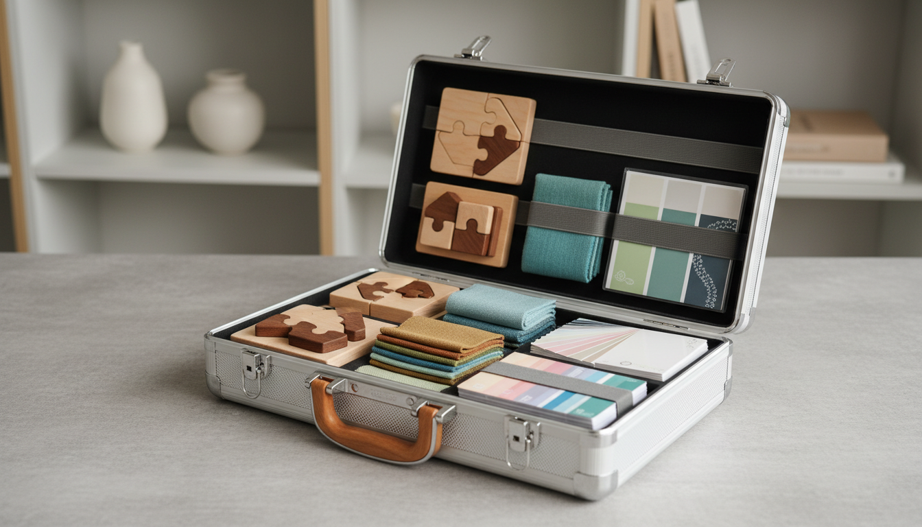 A pristine therapy toolkit case open to reveal impeccably organized, high-quality materials—smooth wooden puzzles, textured fabric swatches, and color-coordinated cards—each securely in place, hinting at specialized educational use. Resting on a structured, dove-gray surface, the background shows a harmonious arrangement of simple shelving units in muted tones. Indirect studio lighting creates subtle shadow play and enhances the textures, giving depth while ensuring clarity across the subject. The image is captured with sharp focus and a rule-of-thirds composition, producing a tranquil, focused, and highly professional feeling, tailored for an educational specialist's business site.
